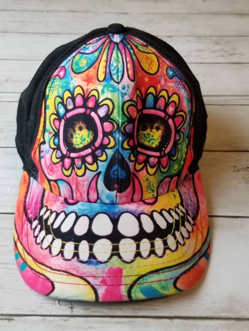 The Mountain Dean Russo Day of the Dead Sugar Skull Colorful Trucker Cap Hat